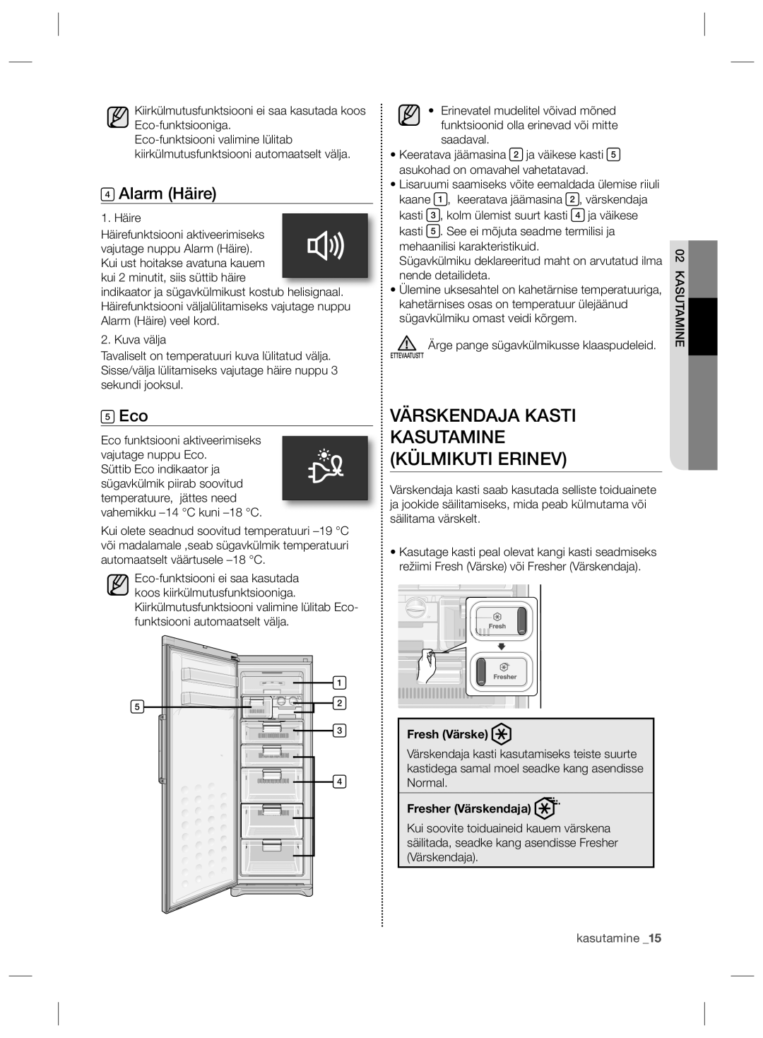 Samsung RZ80FHIS1/XEO Värskendaja Kasti Kasutamine Külmikuti Erinev, Alarm Häire, Häire Häirefunktsiooni aktiveerimiseks 