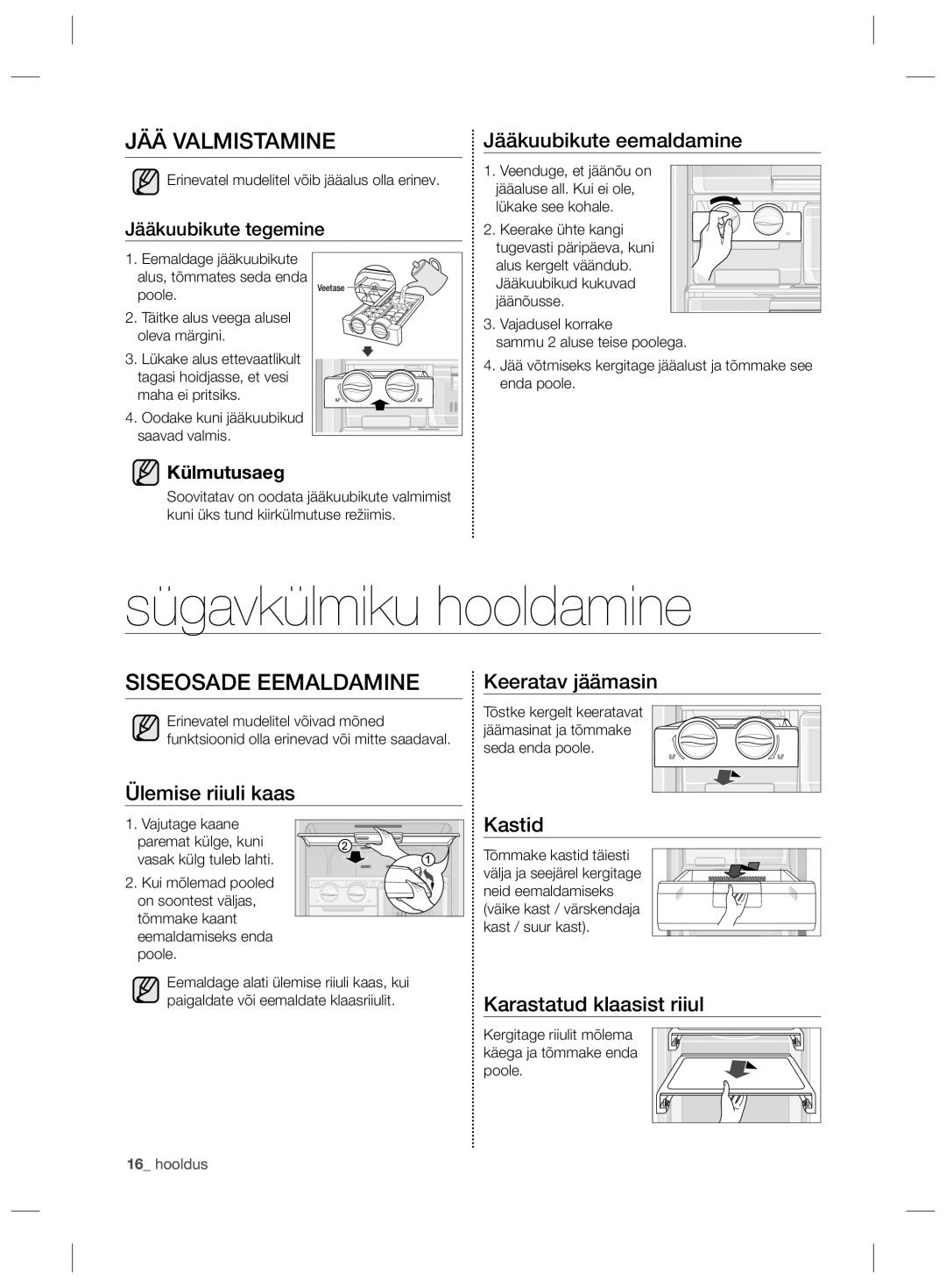 Samsung RZ80EEIS1/XEO, RZ80FHIS1/XEO manual Sügavkülmiku hooldamine, JÄÄ Valmistamine, Siseosade Eemaldamine 