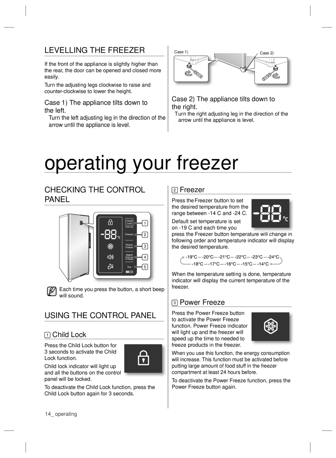 Samsung RZ80EEIS1/XEO Operating your freezer, Levelling the Freezer, Checking the Control Panel, Using the Control Panel 