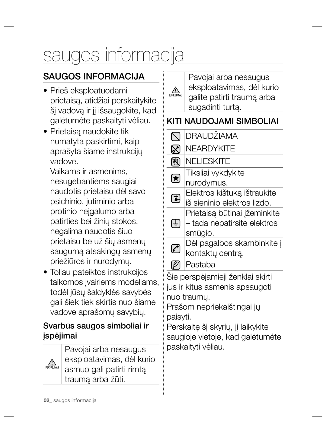 Samsung RZ80EEIS1/XEO, RZ80FHIS1/XEO manual Saugos informacija, Saugos Informacija 