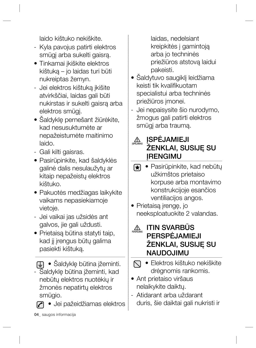 Samsung RZ80EEIS1/XEO, RZ80FHIS1/XEO Įspėjamieji, ŽENKLAI, Susiję SU Įrengimu, Perspėjamieji ŽENKLAI, Susiję SU Naudojimu 