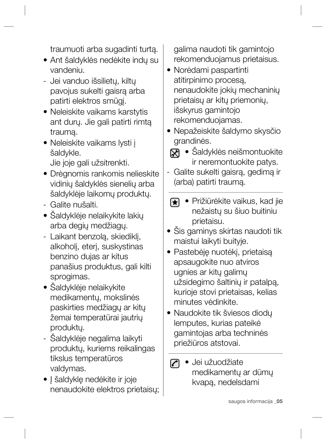 Samsung RZ80FHIS1/XEO, RZ80EEIS1/XEO manual Saugos informacija 