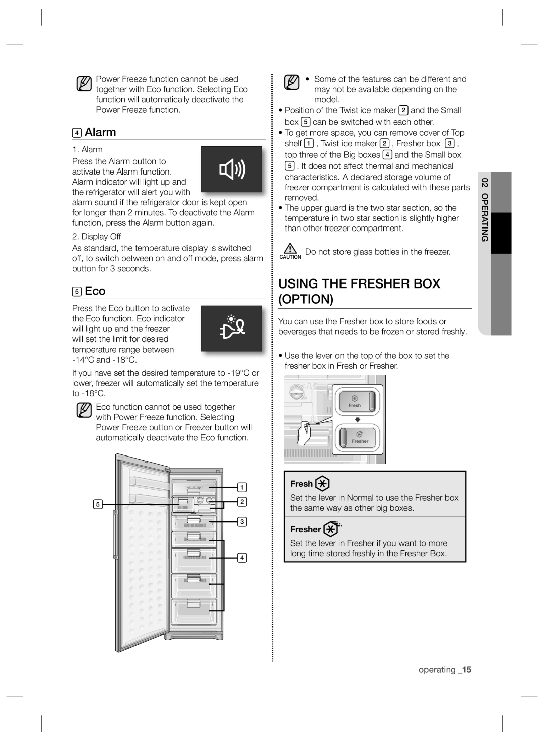 Samsung RZ80FHIS1/XEO, RZ80EEIS1/XEO manual Using the Fresher BOX Option, Alarm, Eco 