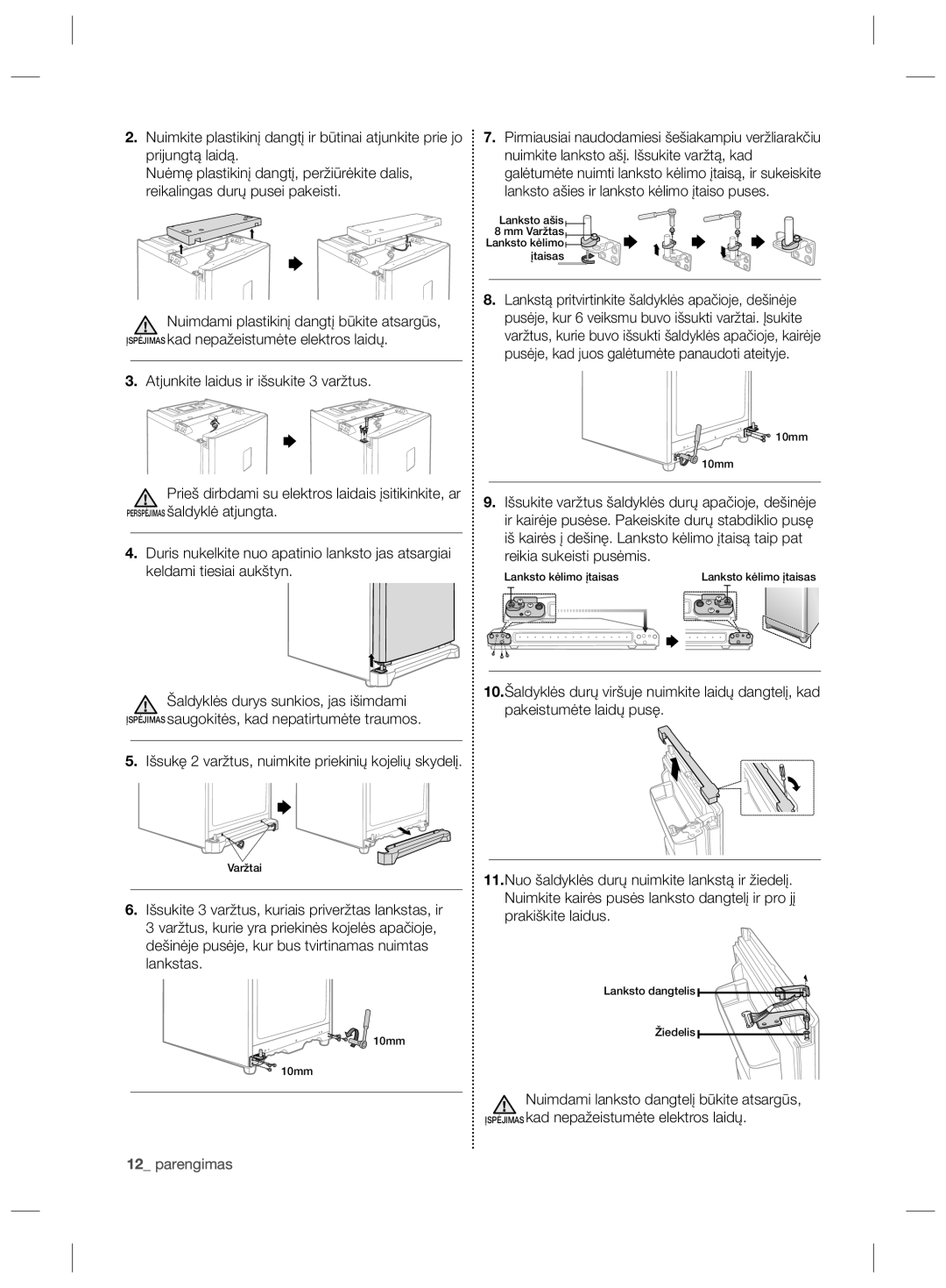 Samsung RZ80EEIS1/XEO manual Atjunkite laidus ir išsukite 3 varžtus, Išsukę 2 varžtus, nuimkite priekinių kojelių skydelį 