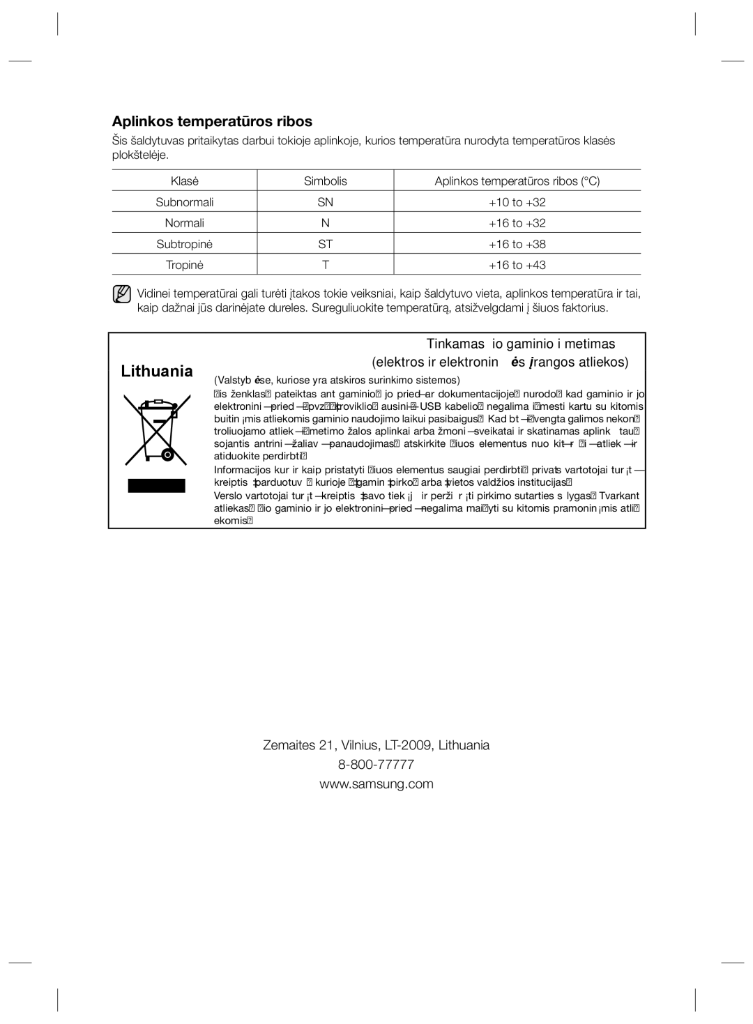 Samsung RZ80EEIS1/XEO, RZ80FHIS1/XEO manual Aplinkos temperatūros ribos, Tinkamas šio gaminio išmetimas 