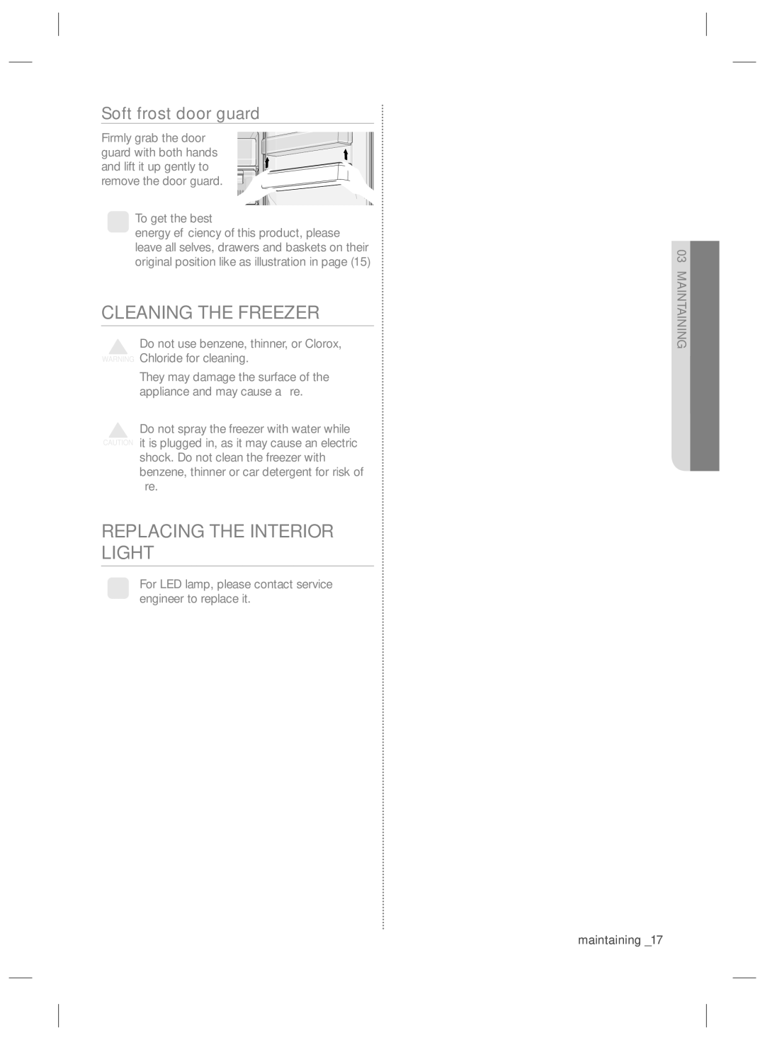 Samsung RZ80FHIS1/XEO, RZ80EEIS1/XEO manual Cleaning the Freezer, Replacing the Interior Light, Soft frost door guard 