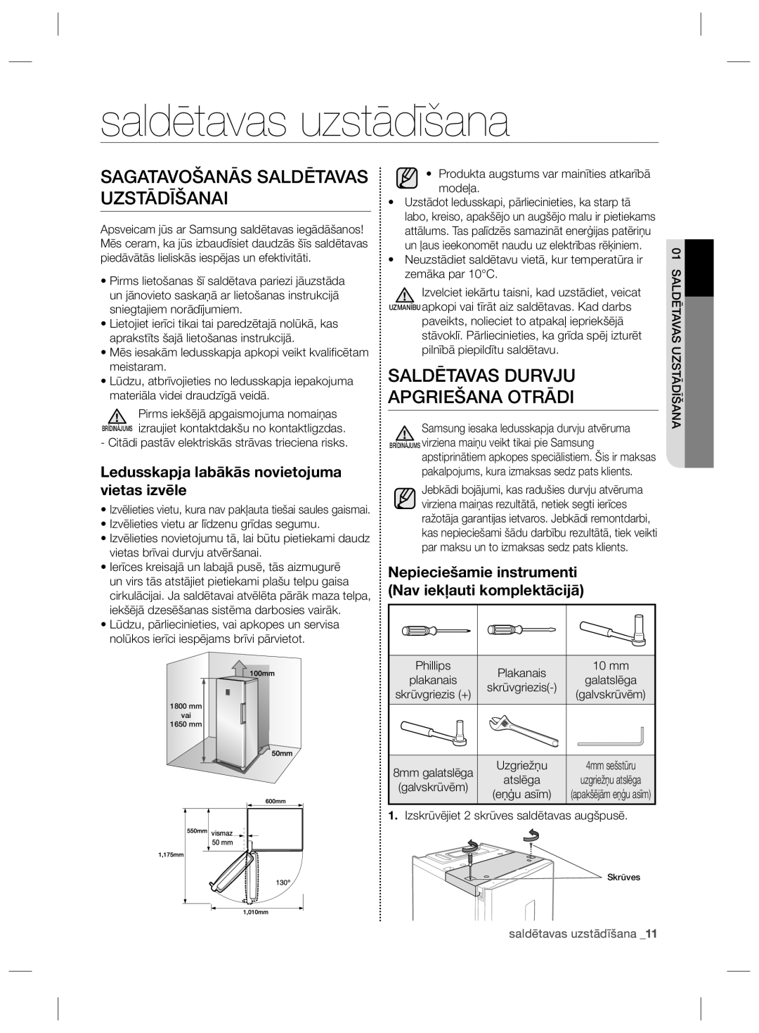 Samsung RZ80FHIS1/XEO Saldētavas uzstādīšana, Sagatavošanās Saldētavas Uzstādīšanai, Saldētavas Durvju, Apgriešana Otrādi 