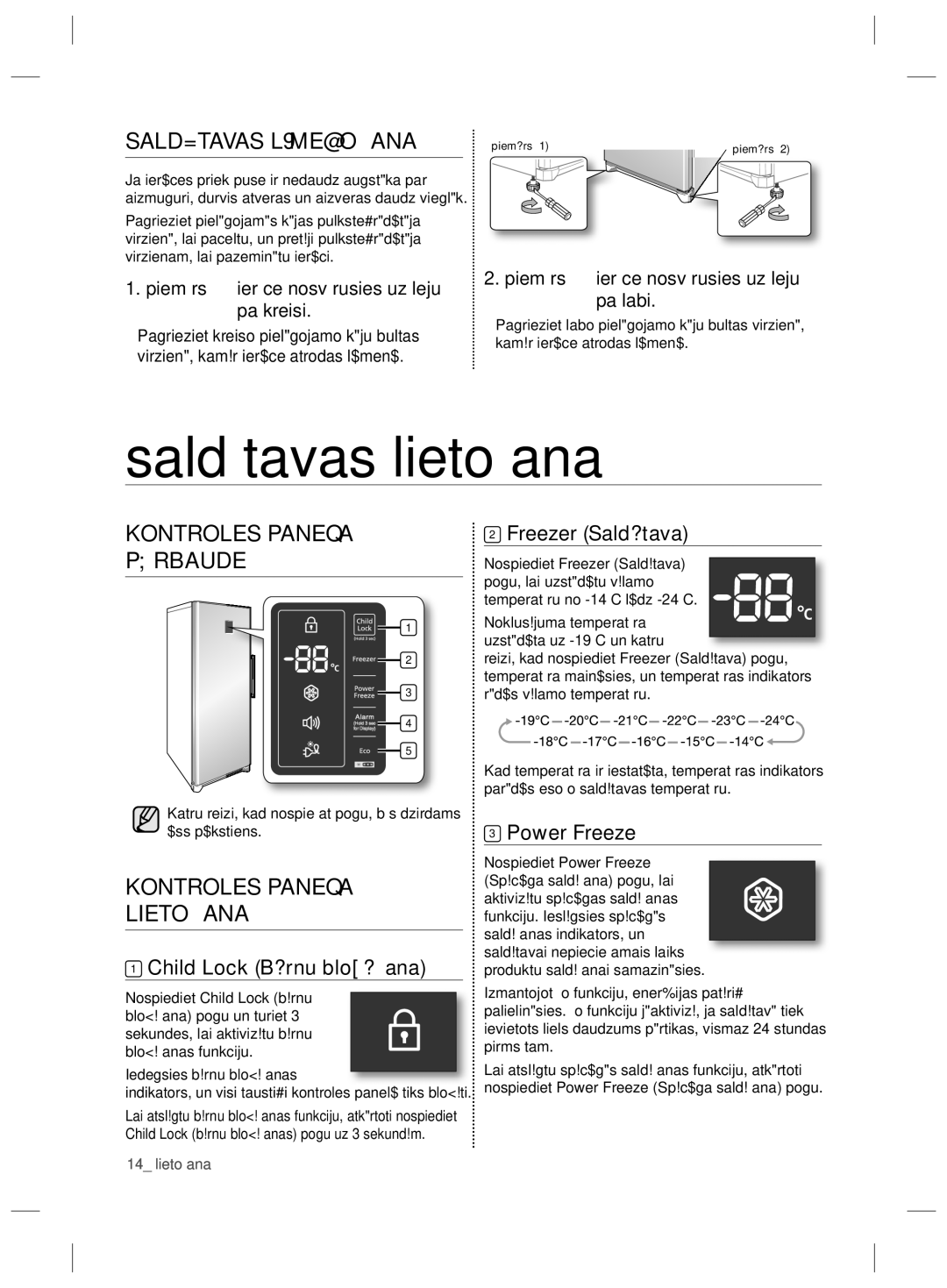 Samsung RZ80EEIS1/XEO Saldētavas lietošana, Saldētavas Līmeņošana, Kontroles Paneļa Pārbaude, Kontroles Paneļa Lietošana 