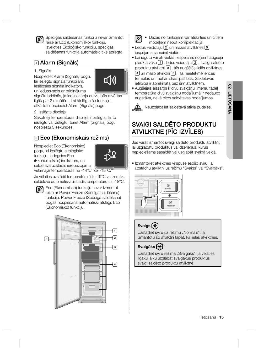 Samsung RZ80FHIS1/XEO, RZ80EEIS1/XEO manual Alarm Signāls, Eco Ekonomiskais režīms, Svaigs, Svaigāks 