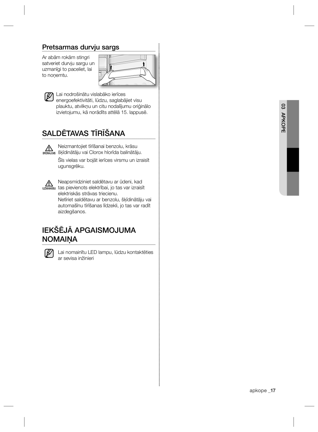 Samsung RZ80FHIS1/XEO, RZ80EEIS1/XEO manual Saldētavas Tīrīšana, Iekšējā Apgaismojuma Nomaiņa, Pretsarmas durvju sargs 