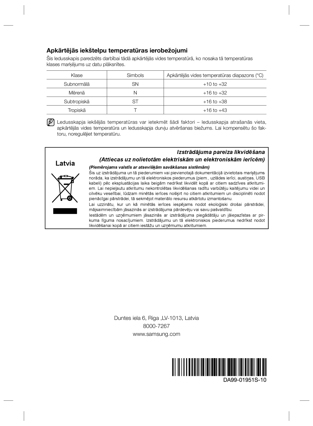 Samsung RZ80EEIS1/XEO, RZ80FHIS1/XEO manual Apkārtējās iekštelpu temperatūras ierobežojumi, Subtropiskā 