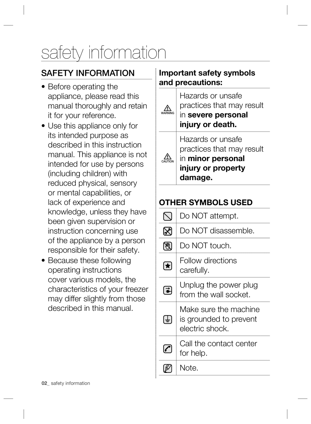 Samsung RZ80EEIS1/XEO, RZ80FHIS1/XEO Safety information, Safety Information, Hazards or unsafe, Practices that may result 