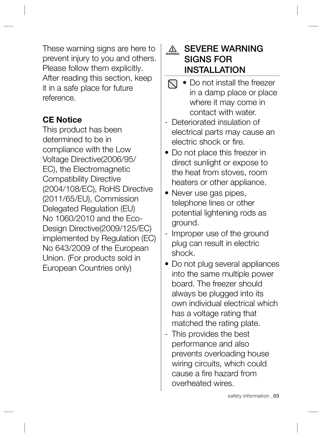 Samsung RZ80FHIS1/XEO, RZ80EEIS1/XEO manual Severe Warning Signs for Installation, CE Notice 