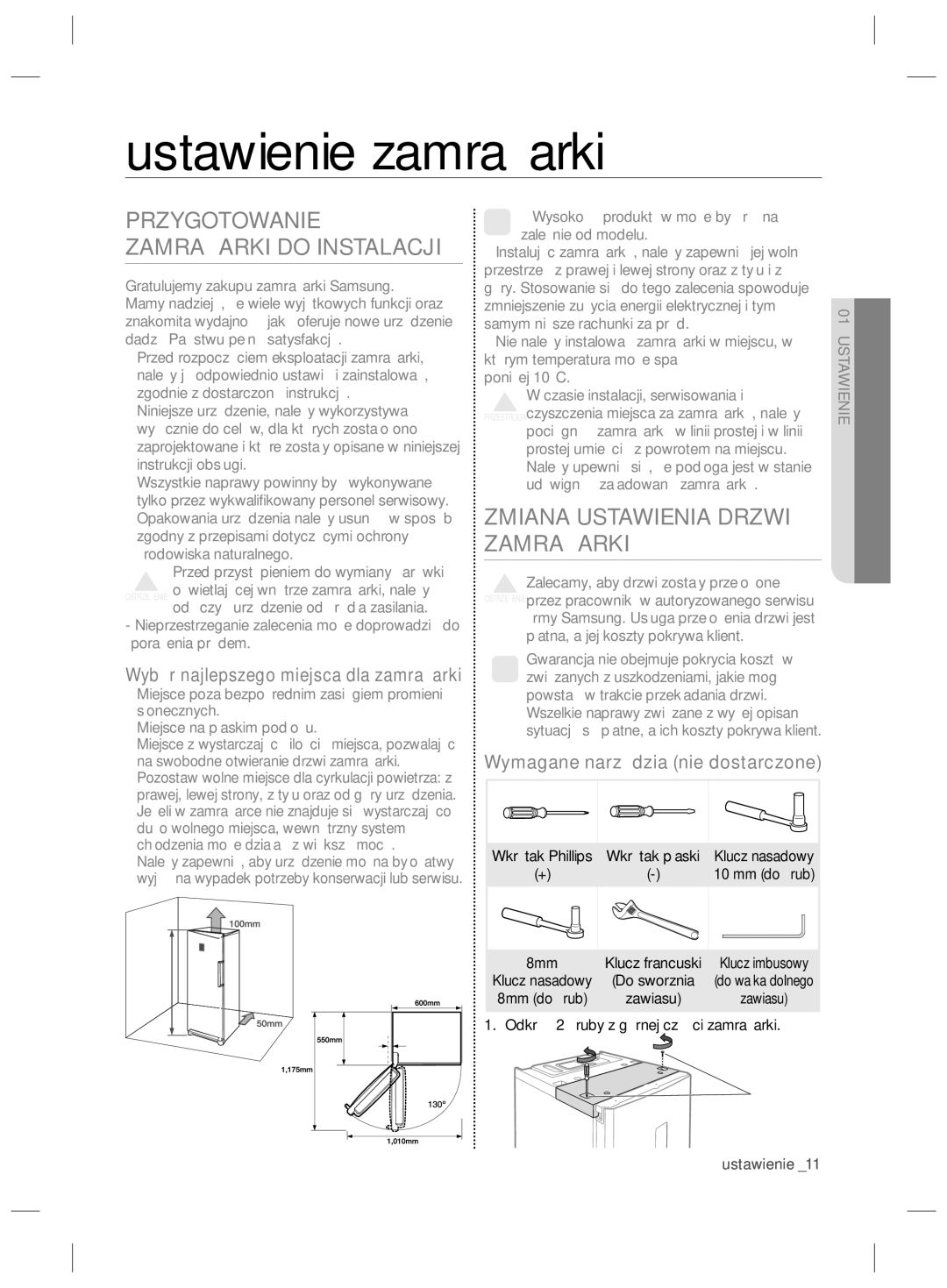 Samsung RZ80FHIS1/XEO Ustawienie zamrażarki, Przygotowanie Zamrażarki do Instalacji, Zmiana Ustawienia Drzwi Zamrażarki 