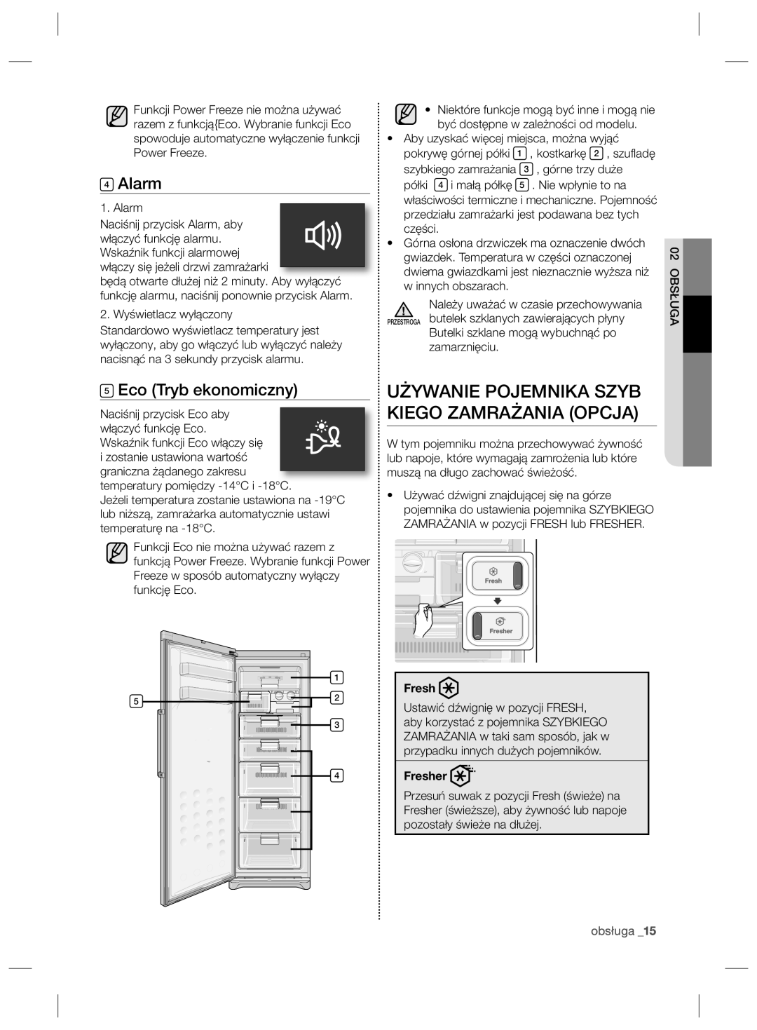 Samsung RZ80FHIS1/XEO, RZ80EEIS1/XEO manual Używanie Pojemnika Szyb Kiego Zamrażania Opcja, Eco Tryb ekonomiczny, Obsługa 