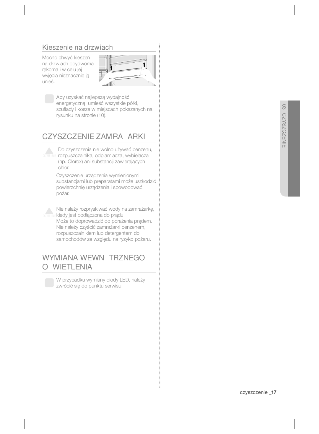 Samsung RZ80FHIS1/XEO, RZ80EEIS1/XEO manual Czyszczenie Zamrażarki, Wymiana Wewnętrznego Oświetlenia, Kieszenie na drzwiach 