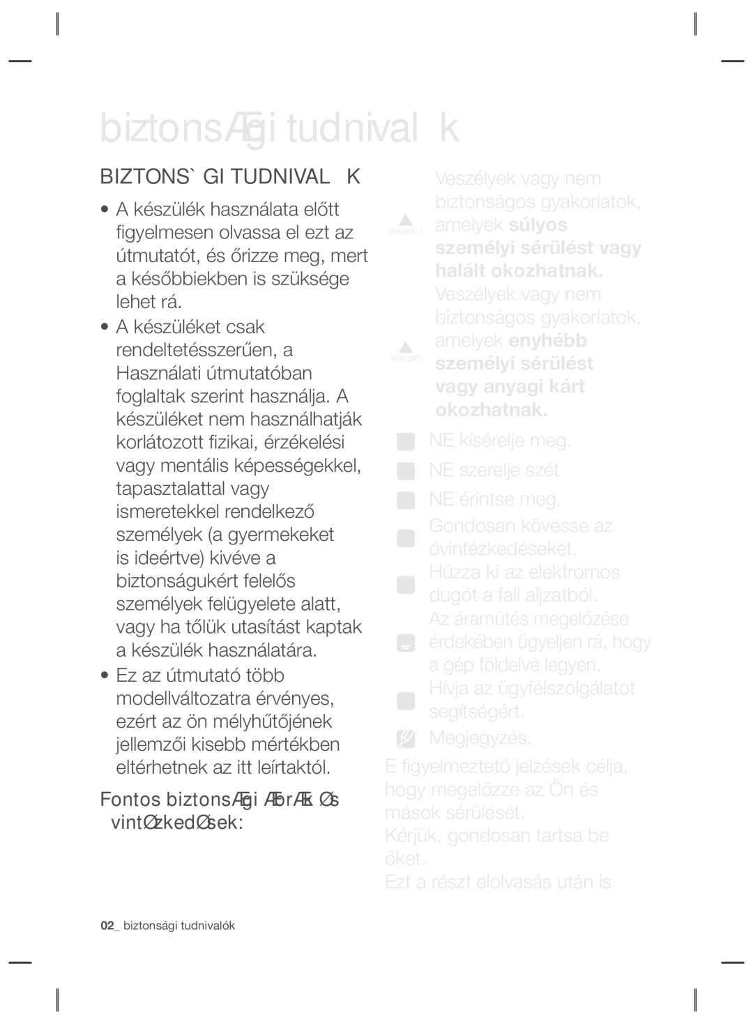 Samsung RZ80EEIS1/XEO, RZ80FHIS1/XEO manual Biztonsági tudnivalók, Biztonsági Tudnivalók 