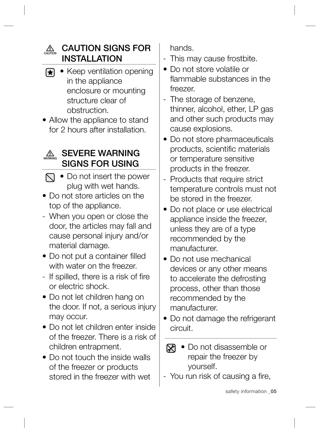 Samsung RZ80FHIS1/XEO, RZ80EEIS1/XEO manual Severe Warning Signs for Using 