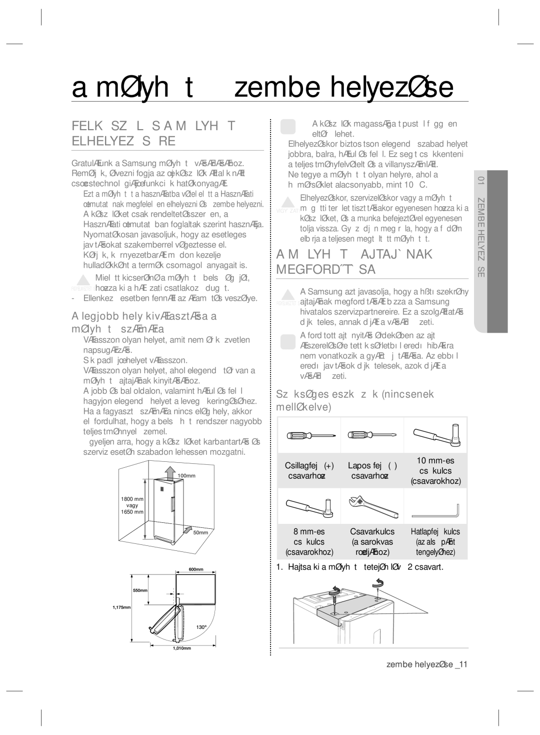 Samsung RZ80FHIS1/XEO, RZ80EEIS1/XEO manual Mélyhűtő üzembe helyezése, Megfordítása, Mélyhűtő Ajtajának, Üzembe helyezése 