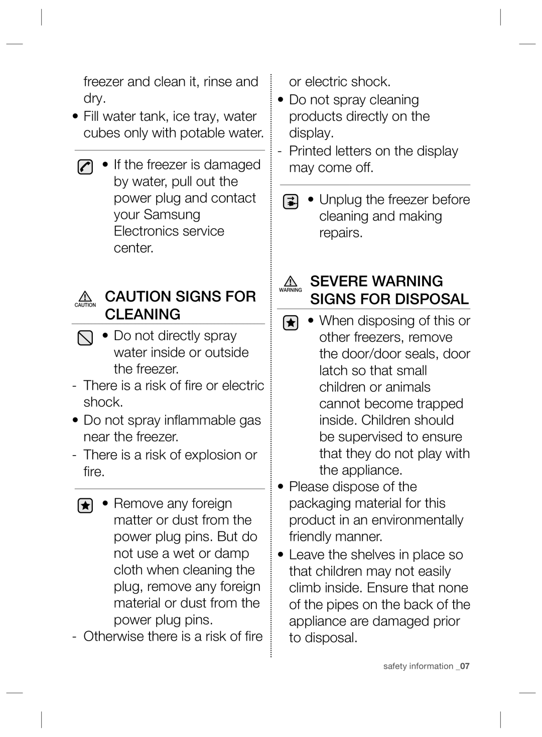 Samsung RZ80FHIS1/XEO, RZ80EEIS1/XEO manual Cleaning, Severe Warning Signs for Disposal 