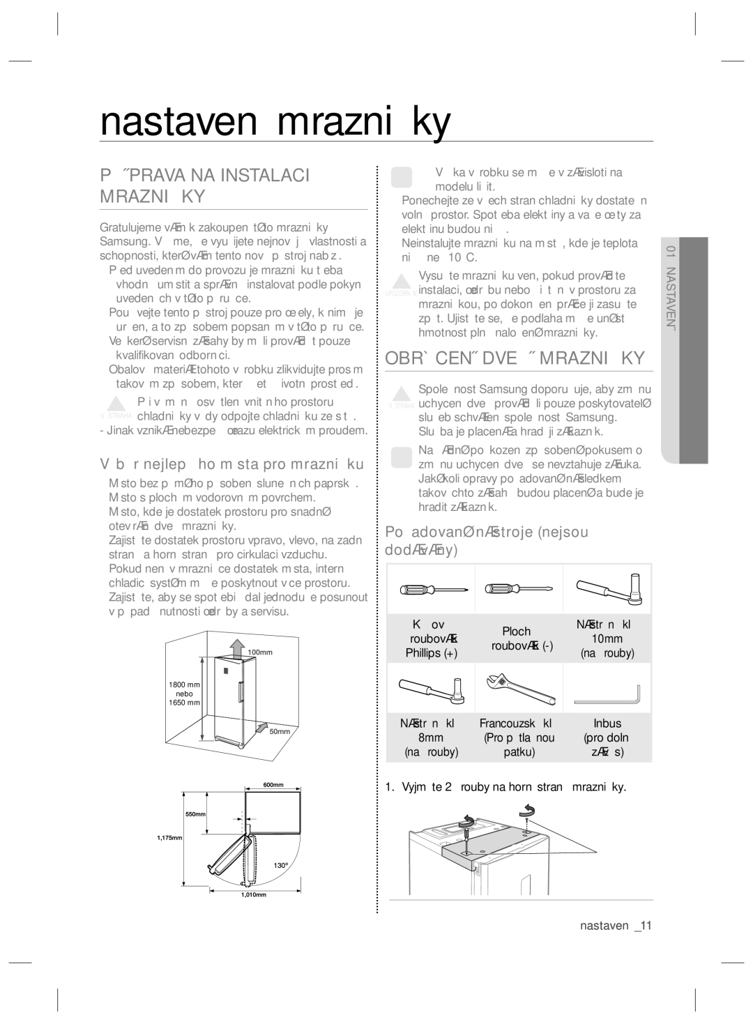 Samsung RZ80FHIS1/XEO, RZ80EEIS1/XEO manual Nastavení mrazničky, Příprava NA Instalaci Mrazničky, Obrácení Dveří Mrazničky 