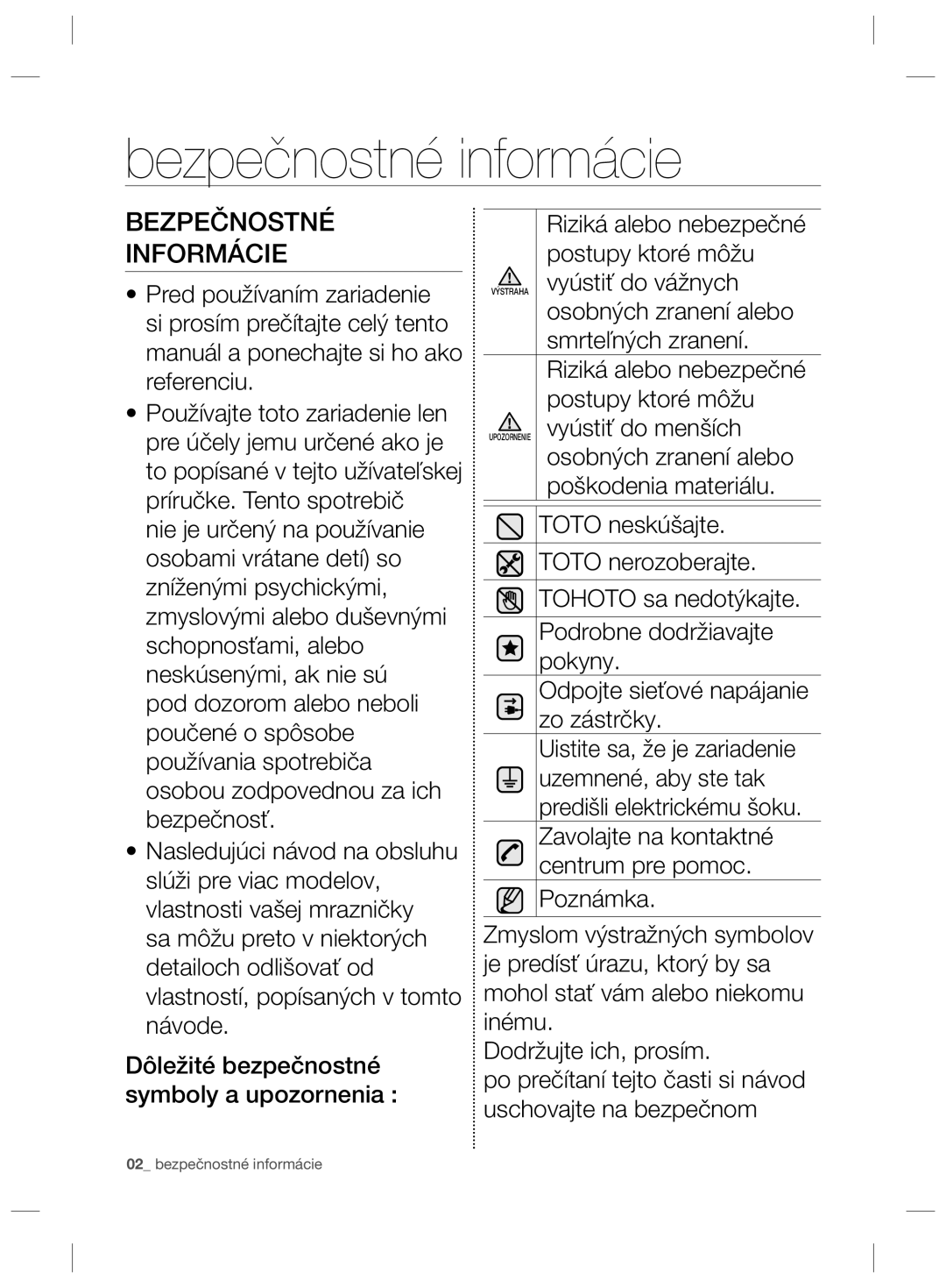 Samsung RZ80EEIS1/XEO, RZ80FHIS1/XEO manual Bezpečnostné informácie, Bezpečnostné Informácie 