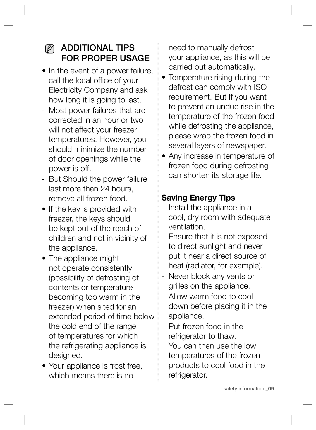 Samsung RZ80FHIS1/XEO, RZ80EEIS1/XEO manual Additional Tips for Proper Usage, Saving Energy Tips 