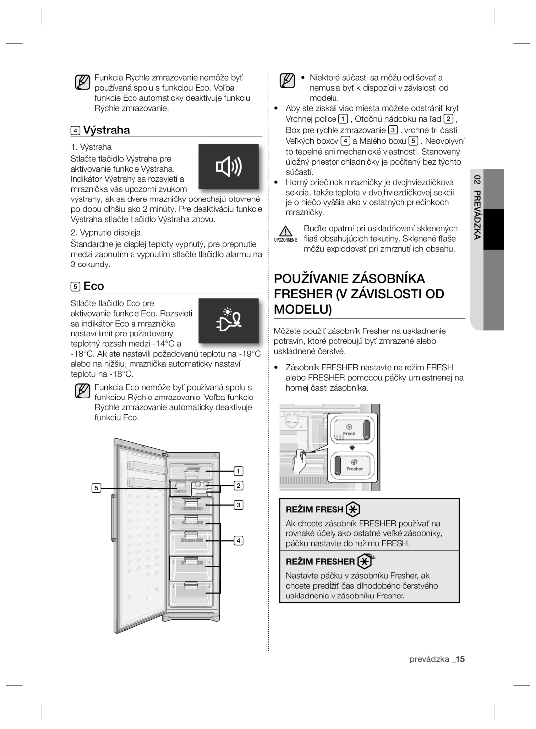 Samsung RZ80FHIS1/XEO manual Používanie Zásobníka Fresher V Závislosti OD Modelu, Výstraha, Stlačte tlačidlo Eco pre 