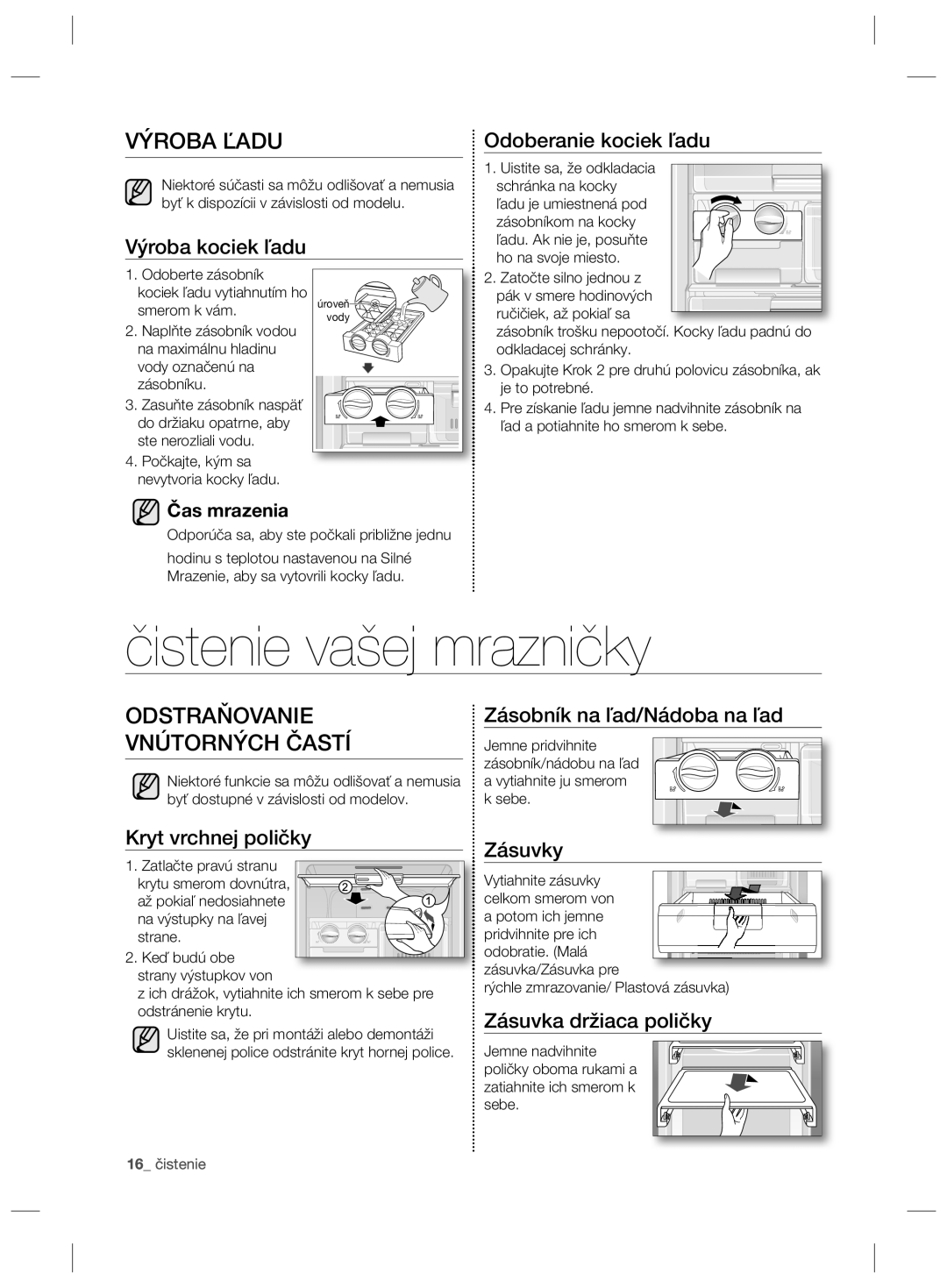 Samsung RZ80EEIS1/XEO, RZ80FHIS1/XEO manual Čistenie vašej mrazničky, Výroba Ľadu, Odstraňovanie Vnútorných Častí 