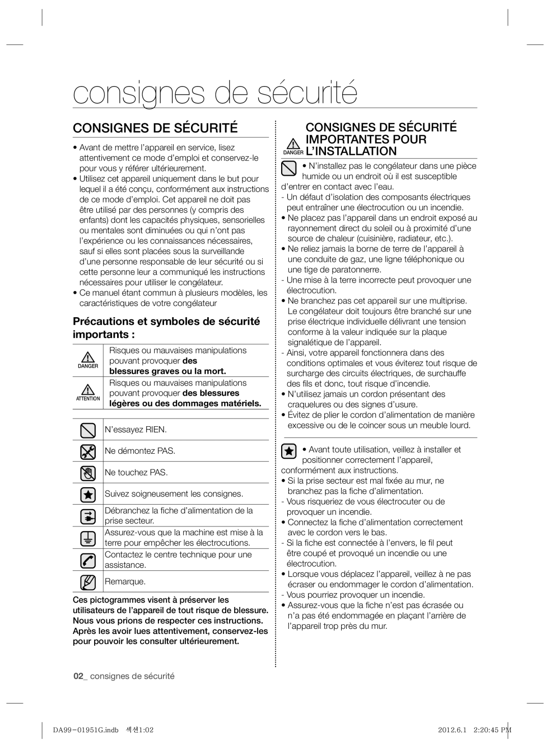 Samsung RZ80EEIS1/XES, RZ80EETS1/FAL, RZ80EERS1/XES manual Consignes de sécurité, Consignes DE Sécurité Importantes Pour 