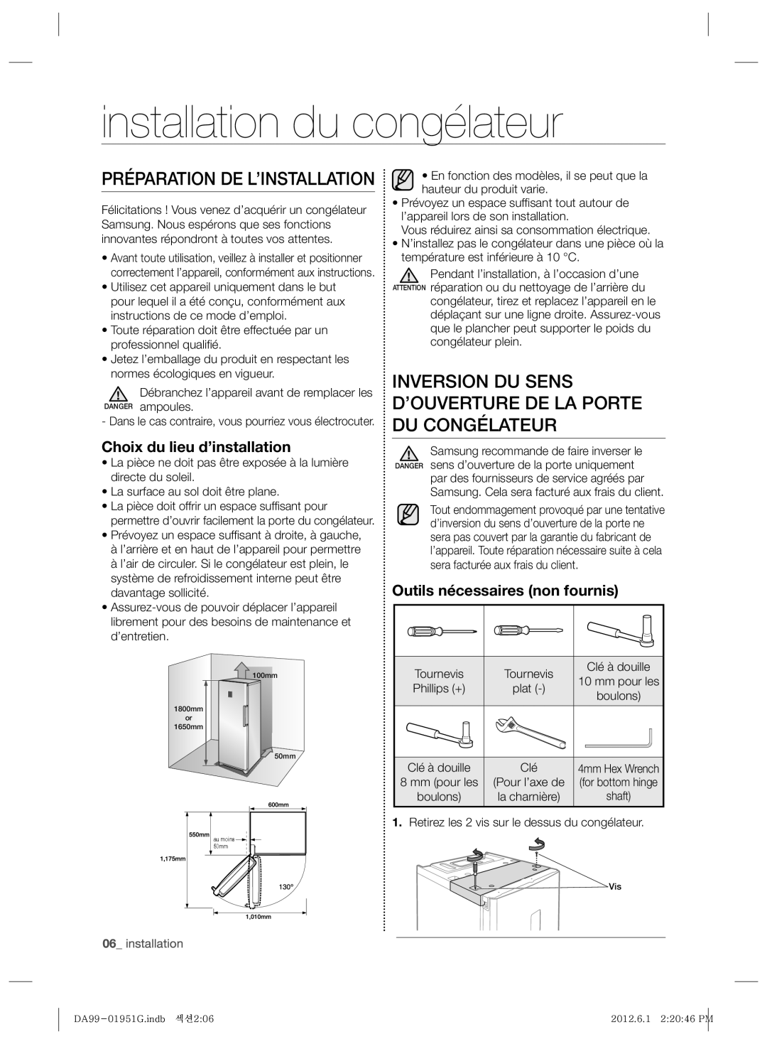 Samsung RZ80EERS1/ZAM, RZ80EETS1/FAL Installation du congélateur, Inversion DU Sens D’OUVERTURE DE LA Porte DU Congélateur 