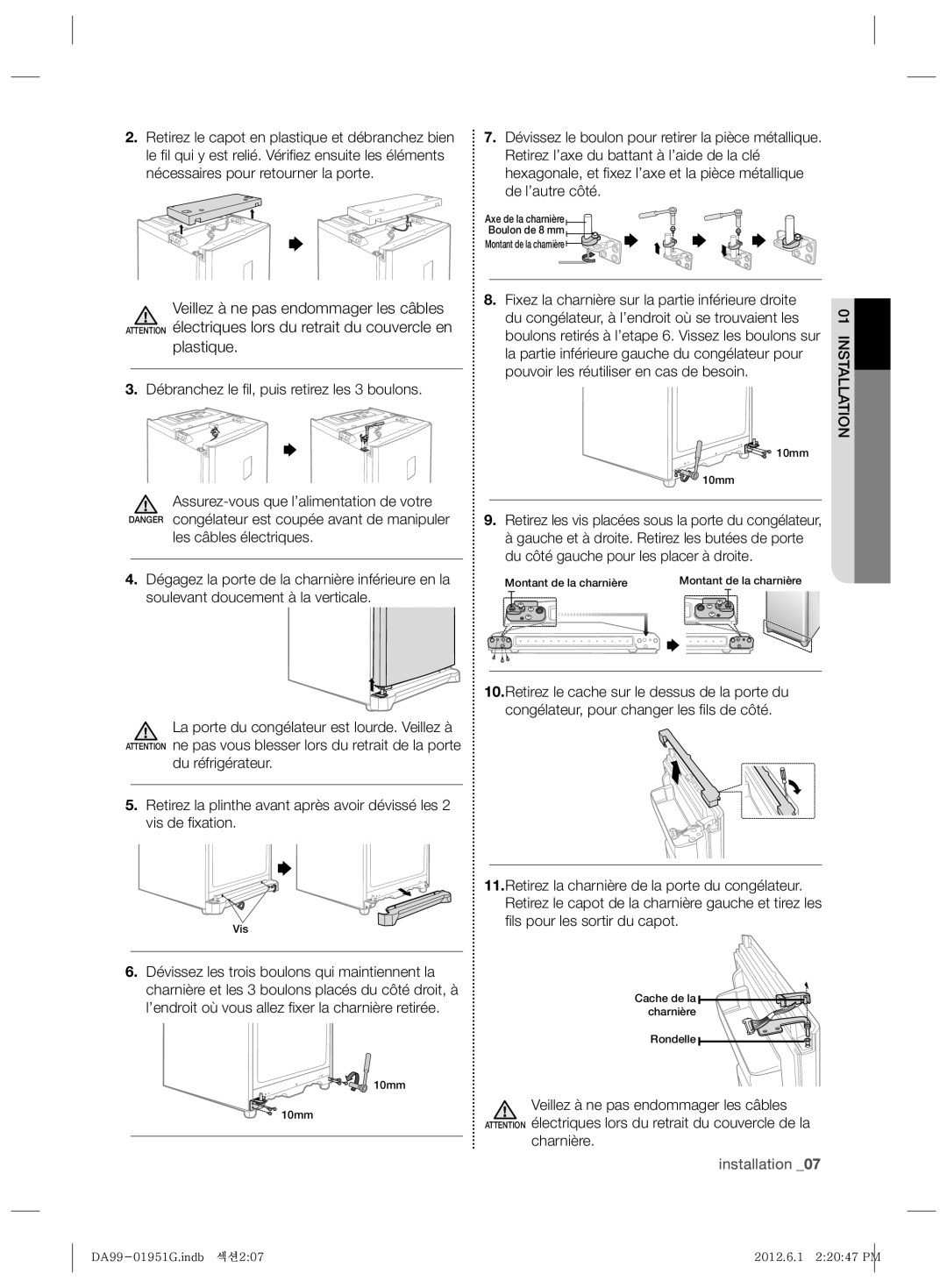 Samsung RZ90EESL1/SAH manual Débranchez le ﬁ l, puis retirez les 3 boulons, La partie inférieure gauche du congélateur pour 