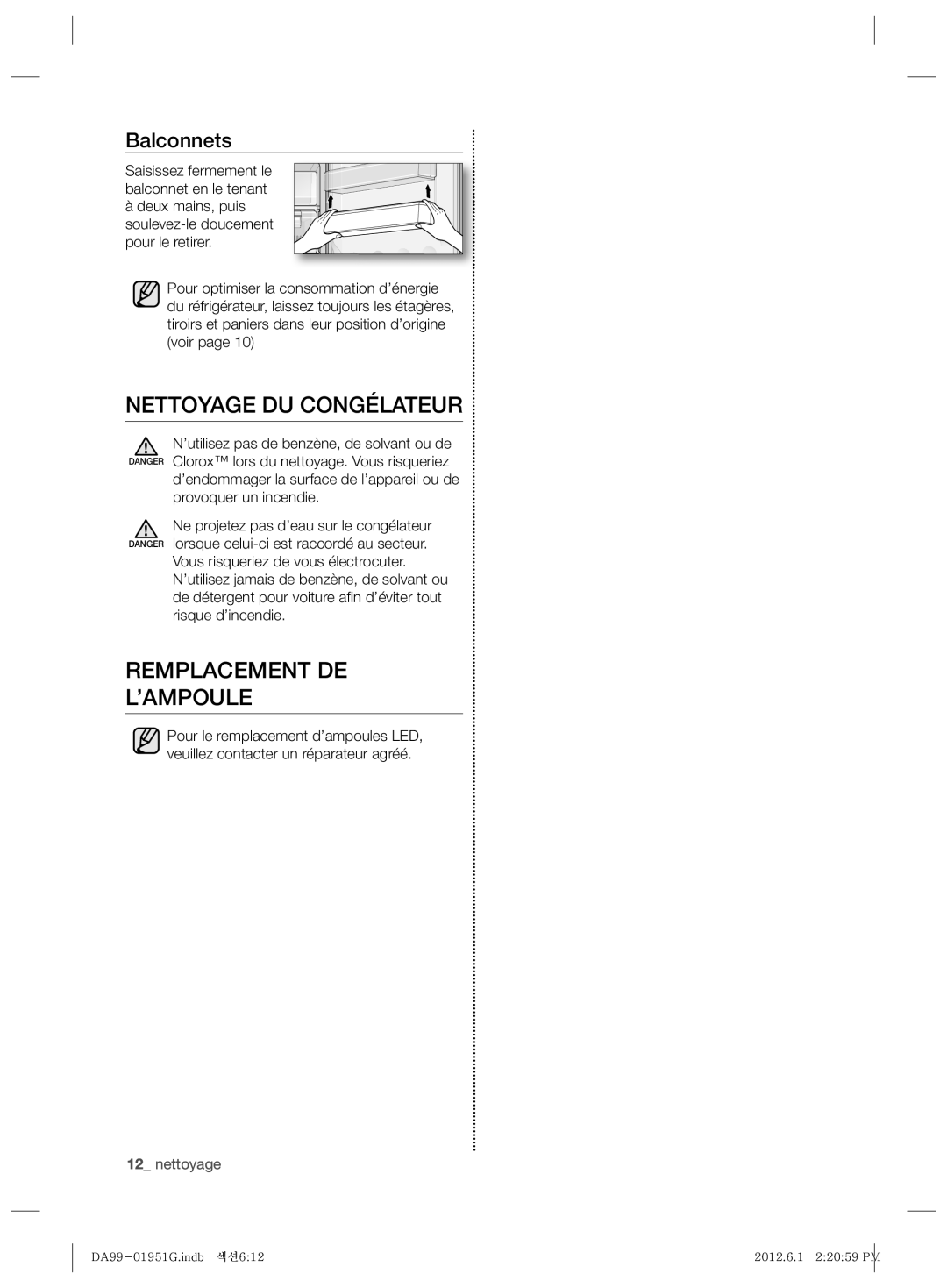 Samsung RR82EESW1/ZAM, RZ80EETS1/FAL, RZ80EEIS1/XES manual Nettoyage DU Congélateur, Remplacement DE ’AMPOULE, Balconnets 