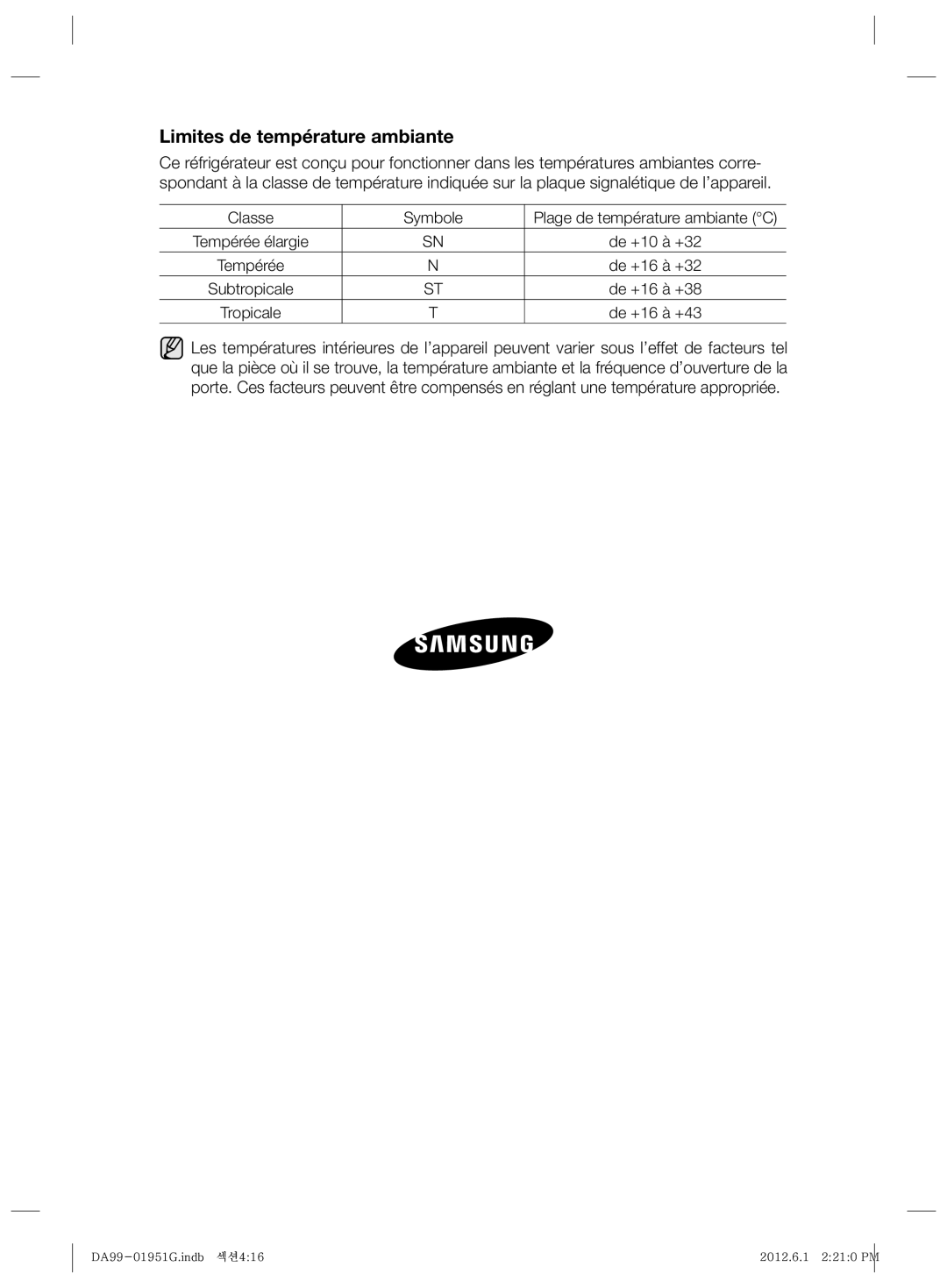 Samsung RZ80EETS1/FAL, RZ80EEIS1/XES, RZ80EERS1/XES, RZ80EERS1/ATC, RZ90EESW1/ZAM manual Limites de température ambiante 