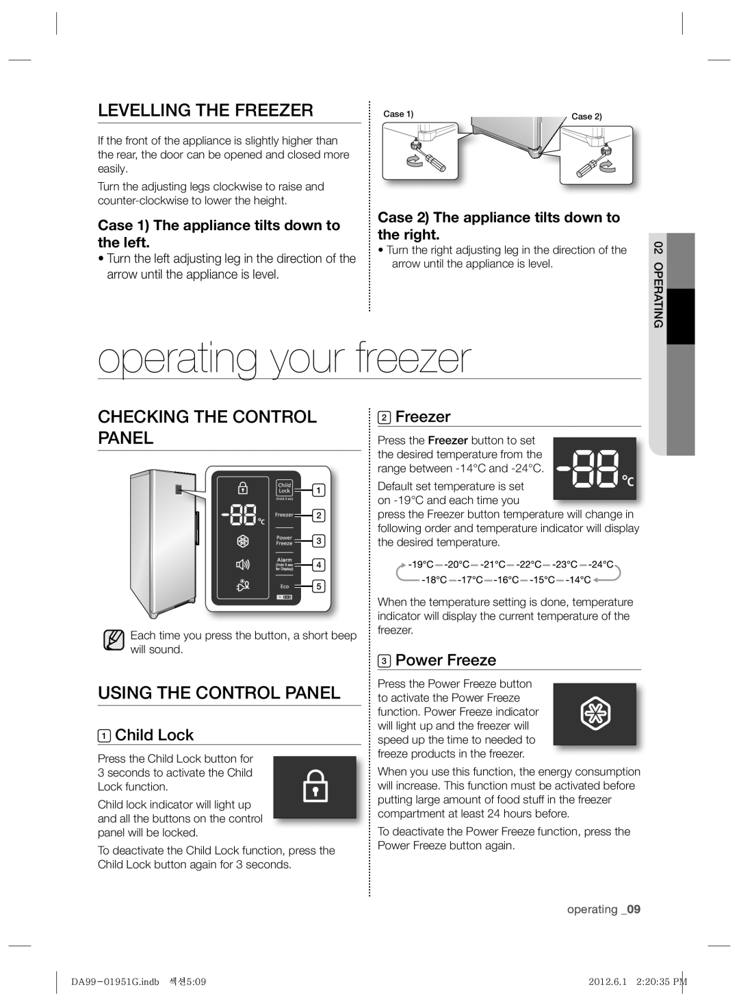 Samsung RZ80EERS1/JUM Operating your freezer, Levelling the Freezer, Checking the Control Panel, Using the Control Panel 