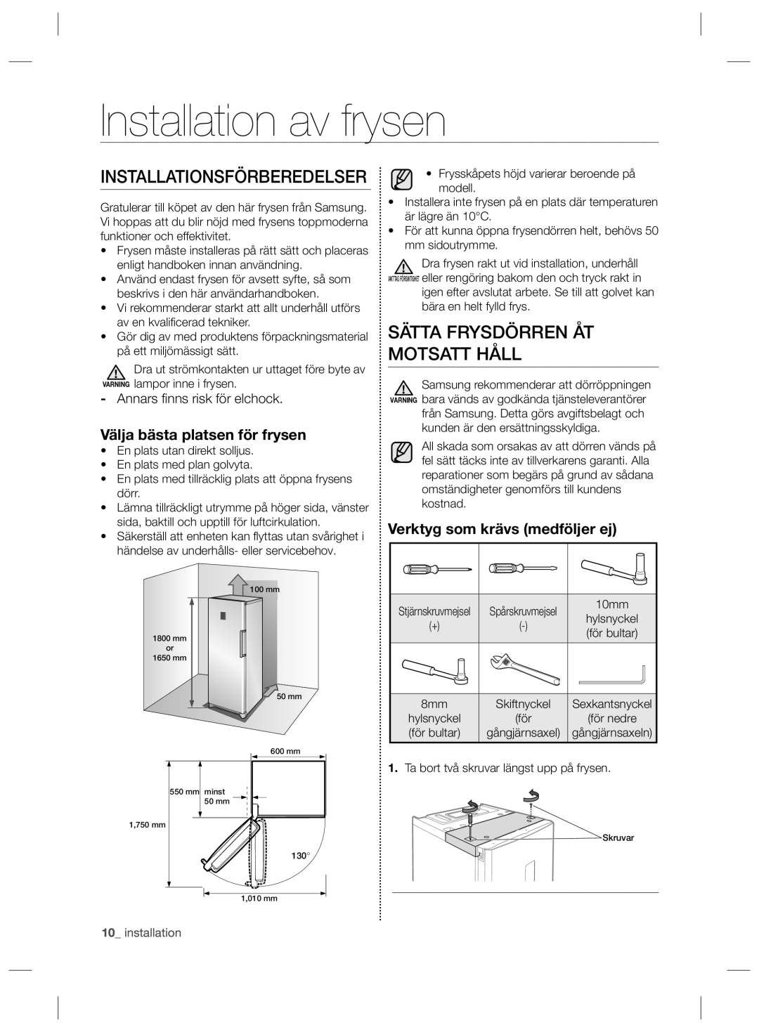 Samsung RZ90HASR1/XEE manual Installation av frysen, Sätta Frysdörren ÅT Motsatt Håll, Välja bästa platsen för frysen 