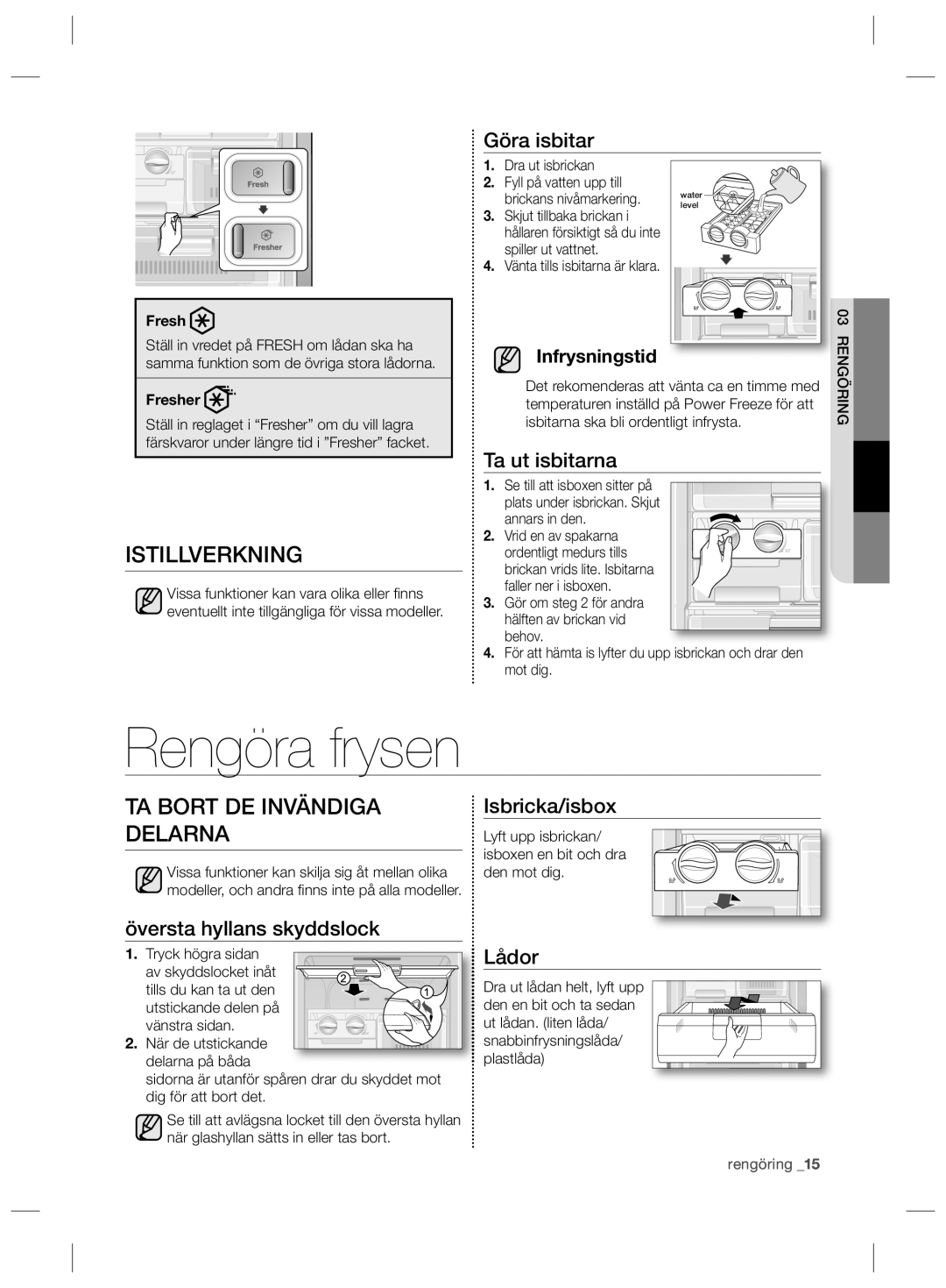 Samsung RZ80HFBC1/XEE, RZ80HFWW1/XEE, RZ90HABC1/XEE manual Rengöra frysen, Istillverkning, TA Bort DE Invändiga Delarna 