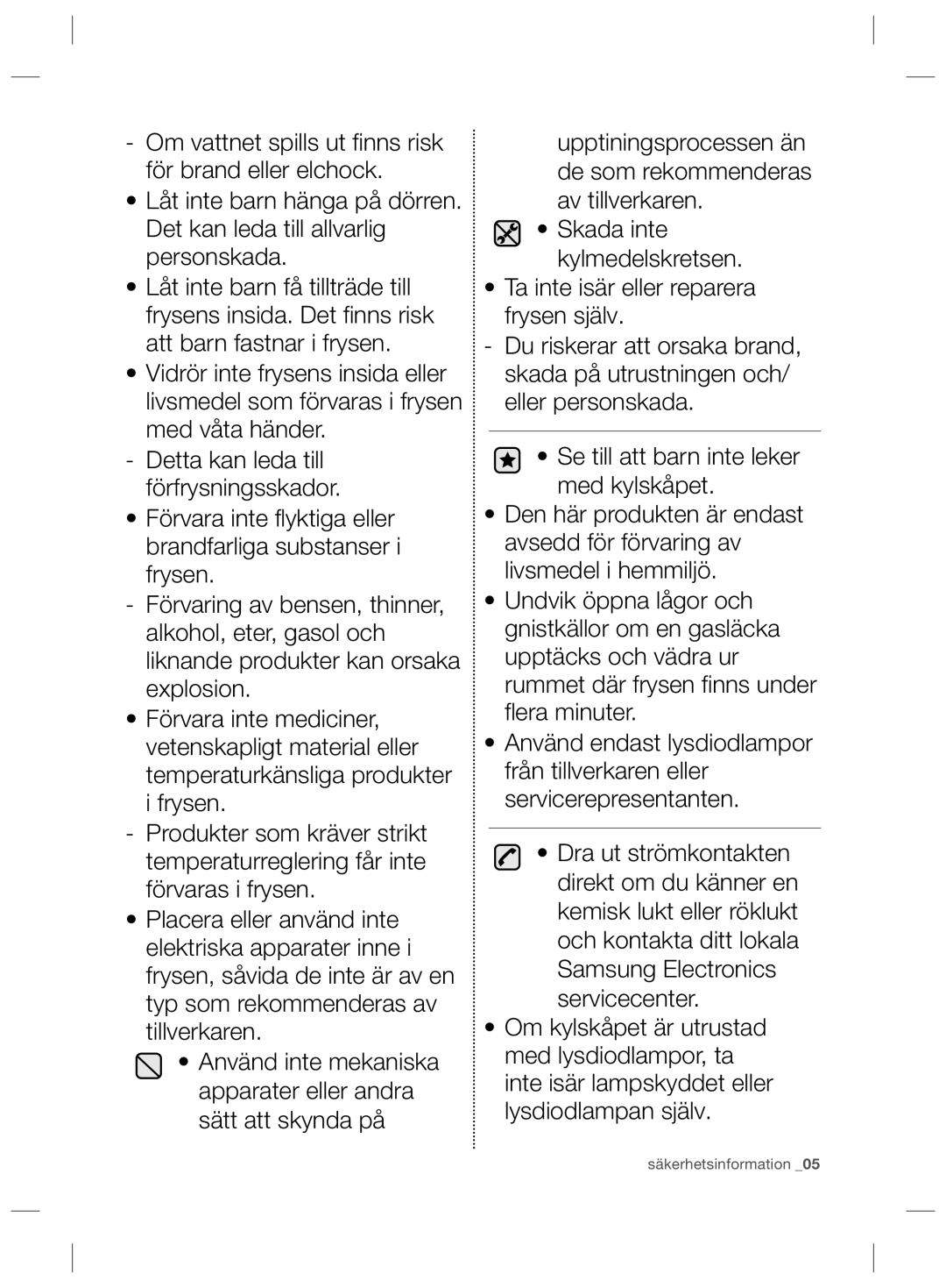 Samsung RZ90HSWW1/XEE, RZ80HFWW1/XEE, RZ90HABC1/XEE, RZ80HESR1/XEE, RZ80HFBC1/XEE, RZ90HASR1/XEE manual Säkerhetsinformation 