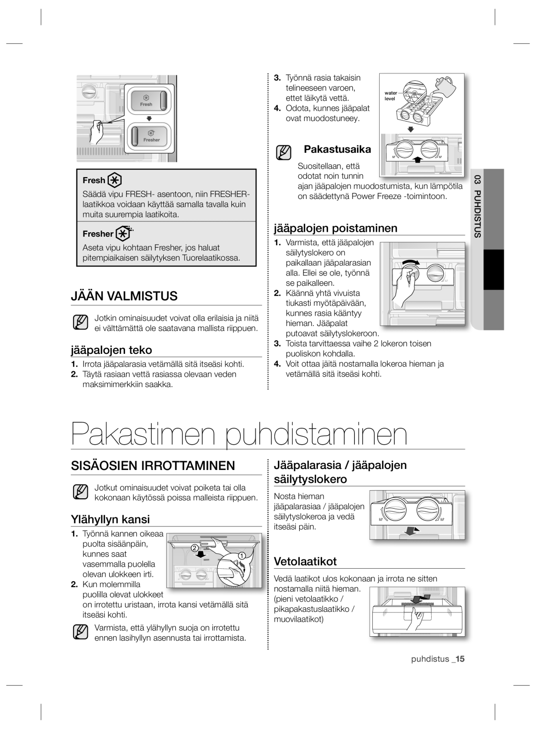 Samsung RZ80HFBC1/XEE, RZ80HFWW1/XEE, RZ90HABC1/XEE manual Pakastimen puhdistaminen, Jään Valmistus, Sisäosien Irrottaminen 