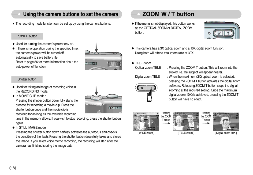 Samsung S1000 user manual Zoom W / T button, Using the camera buttons to set the camera 