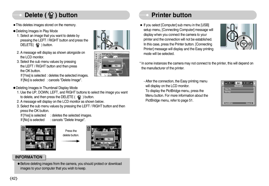 Samsung S1000 user manual Delete button, Printer button 