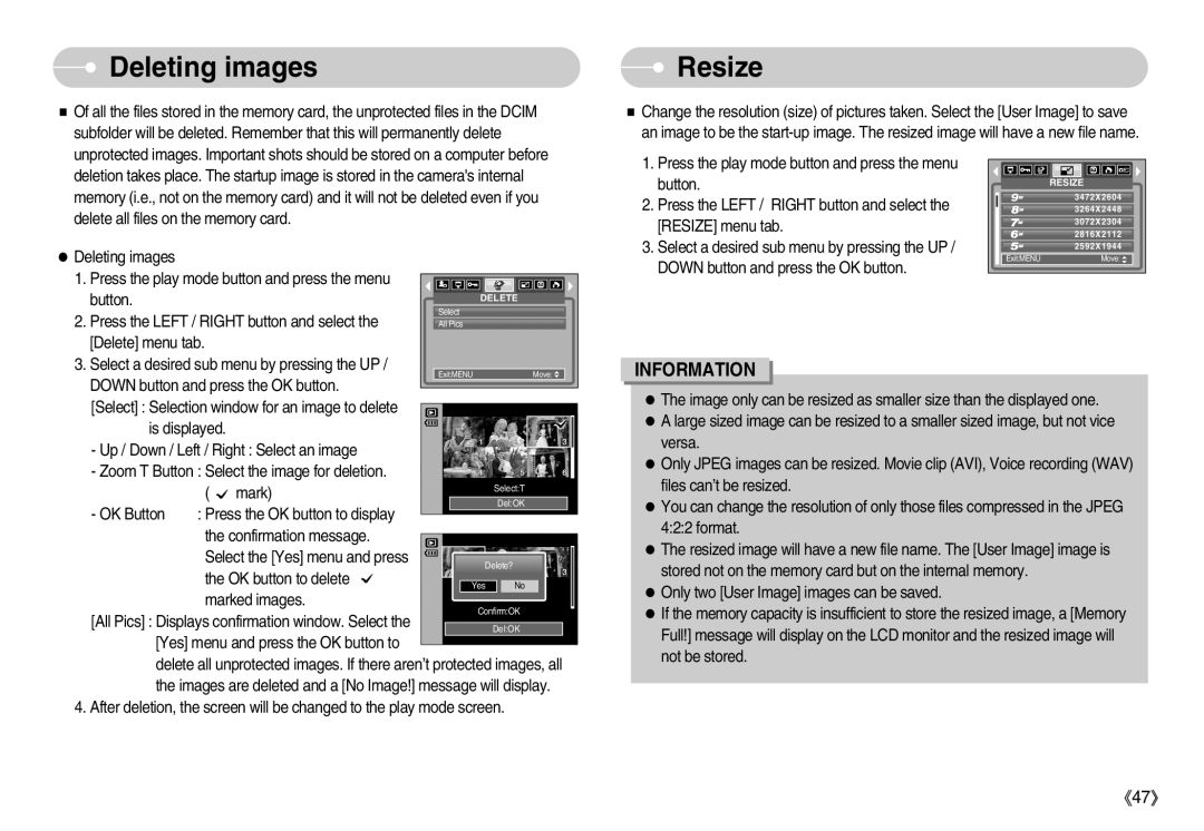 Samsung S1000 user manual Deleting images, Resize 