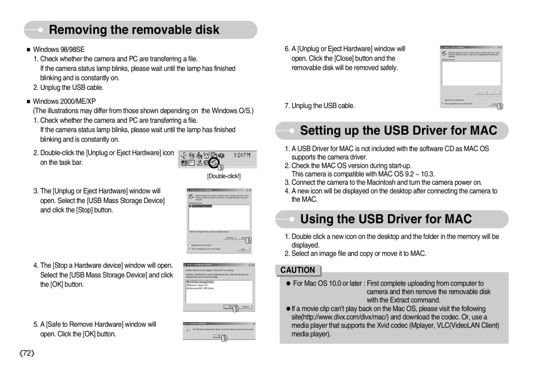 Samsung S1000 user manual Removing the removable disk, Setting up the USB Driver for MAC, Using the USB Driver for MAC 