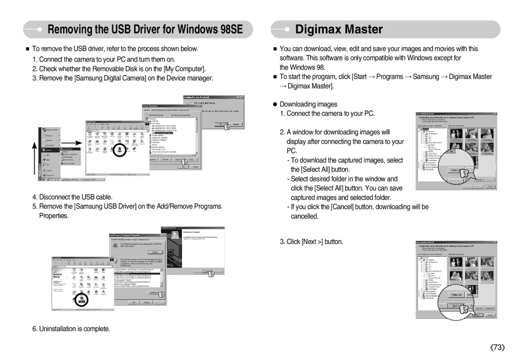 Samsung S1000 user manual Digimax Master, Removing the USB Driver for Windows 98SE 