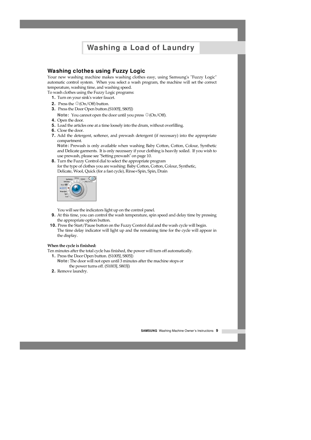 Samsung S805J, S1003J, S1005J, S803J manual Washing clothes using Fuzzy Logic, When the cycle is finished 