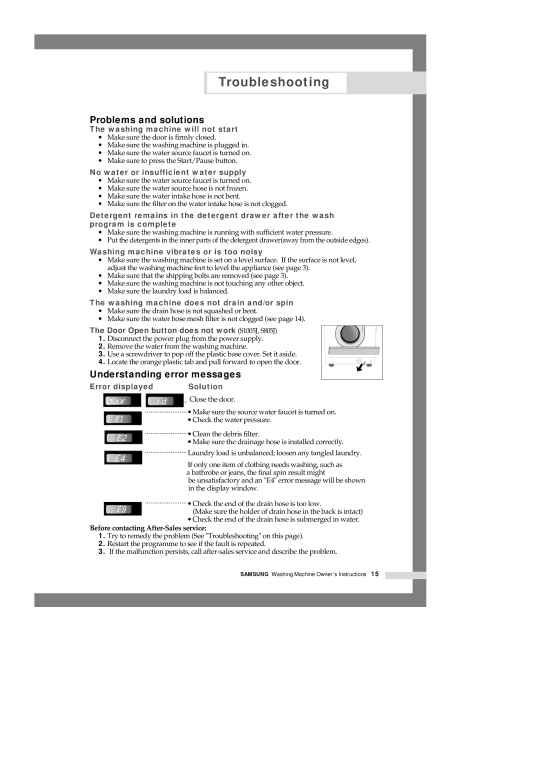 Samsung S1005J, S1003J, S803J, S805J manual Troubleshooting, Problems and solutions, Understanding error messages 