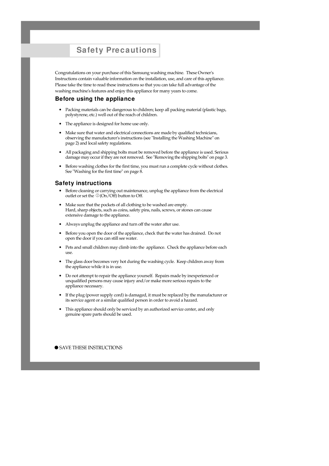 Samsung S803J, S1003J, S1005J, S805J manual Before using the appliance, Safety instructions 