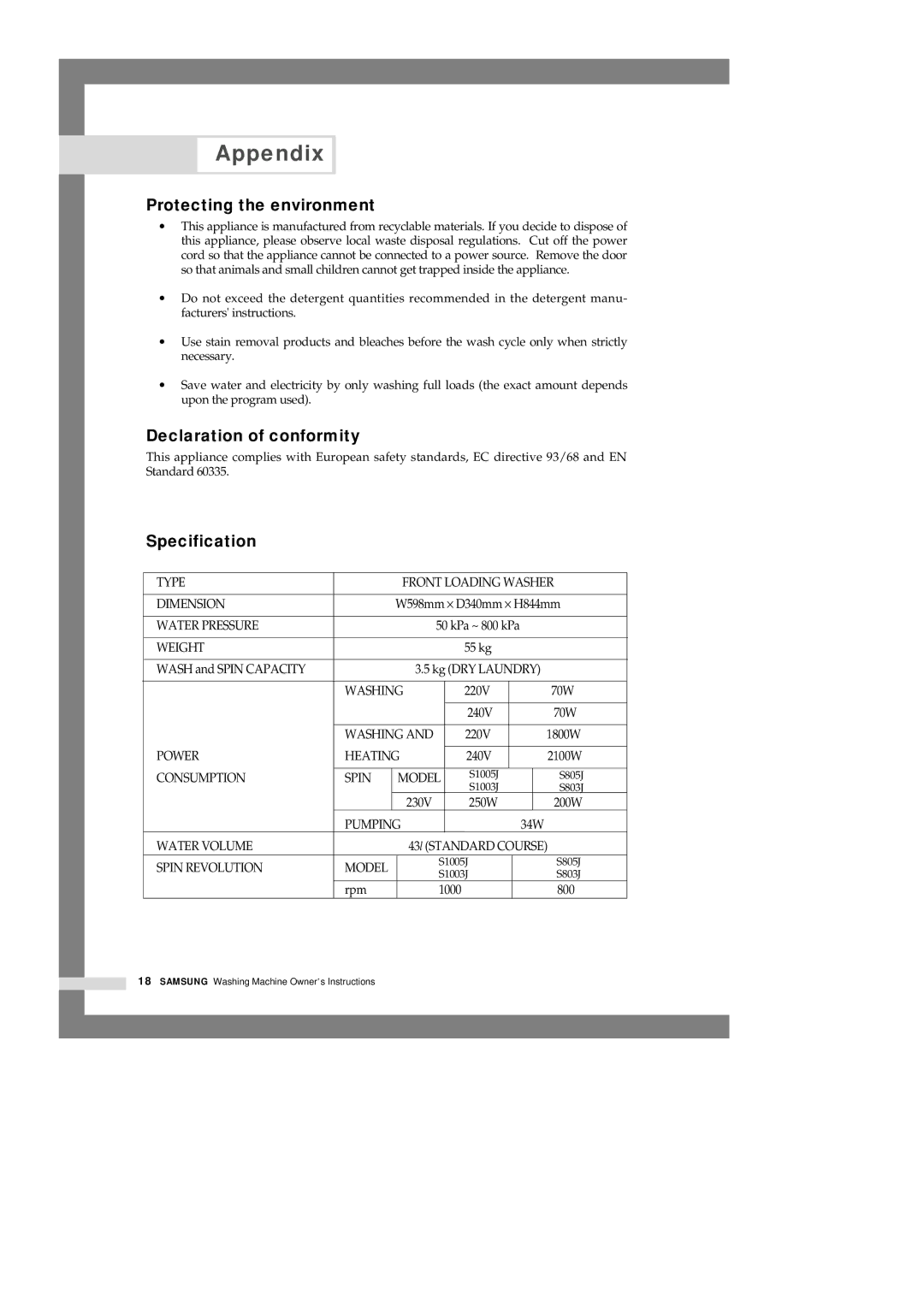 Samsung S1003J, S1005J, S803J, S805J manual Protecting the environment, Declaration of conformity, Specification 