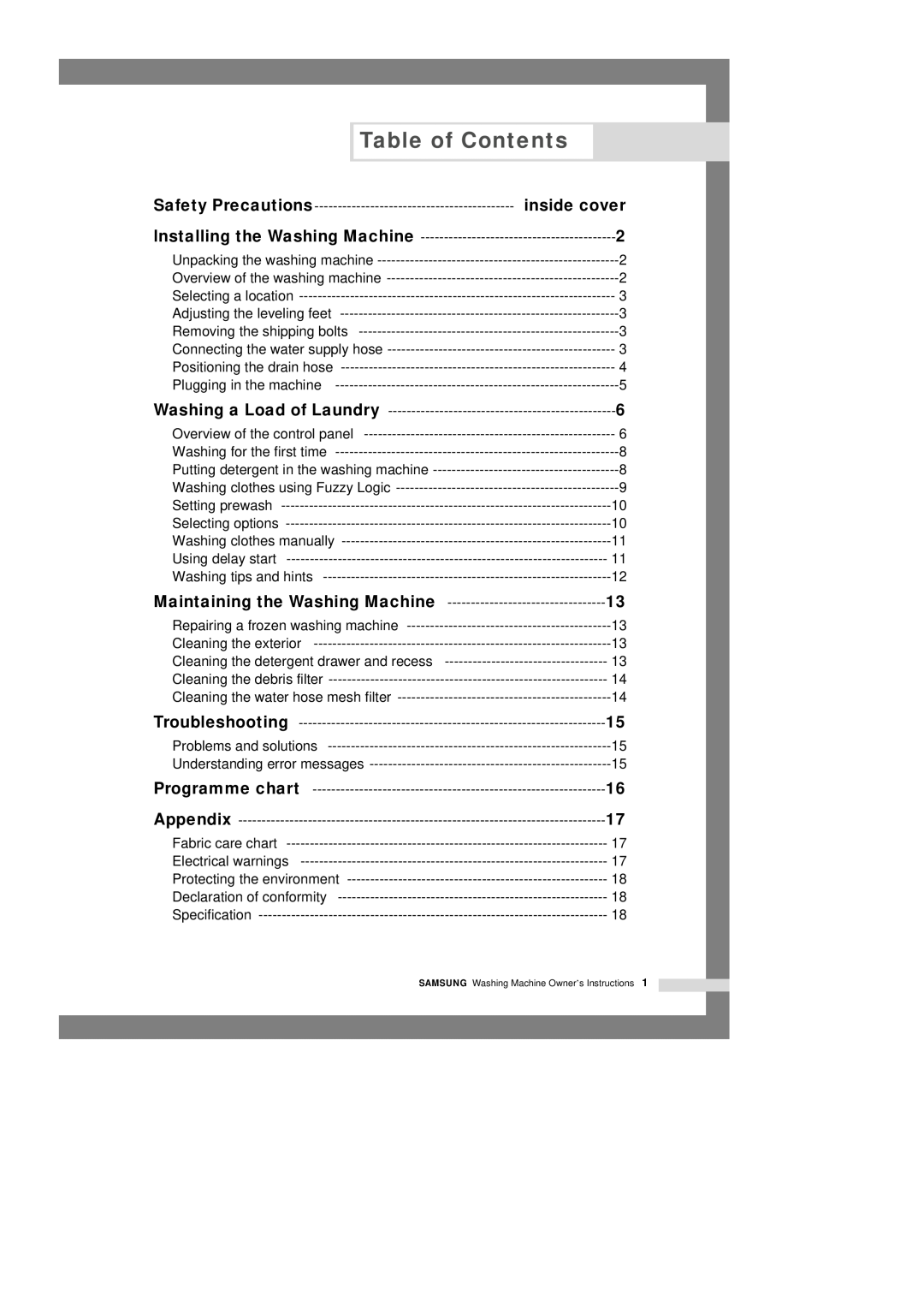 Samsung S805J, S1003J, S1005J, S803J manual Table of Contents, inside cover, Safety Precautions 