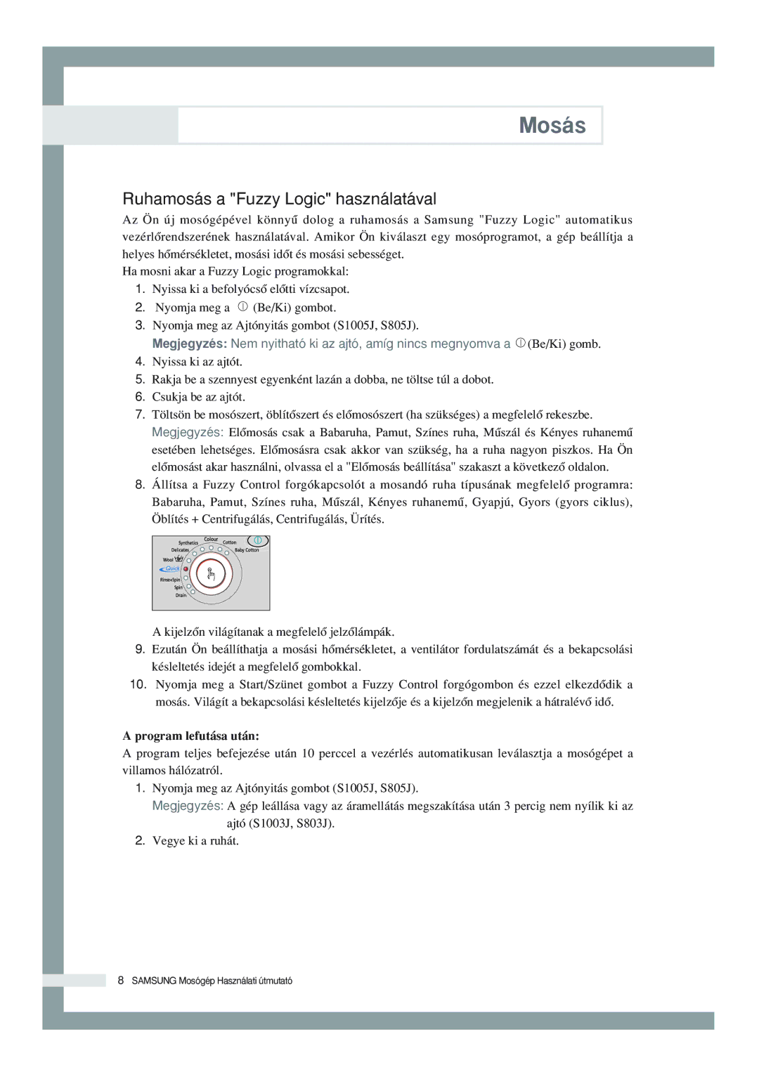 Samsung S1003JGW/XEH, S1003JGW3/XEH manual Ruhamosás a Fuzzy Logic használatával, Program lefutása után 